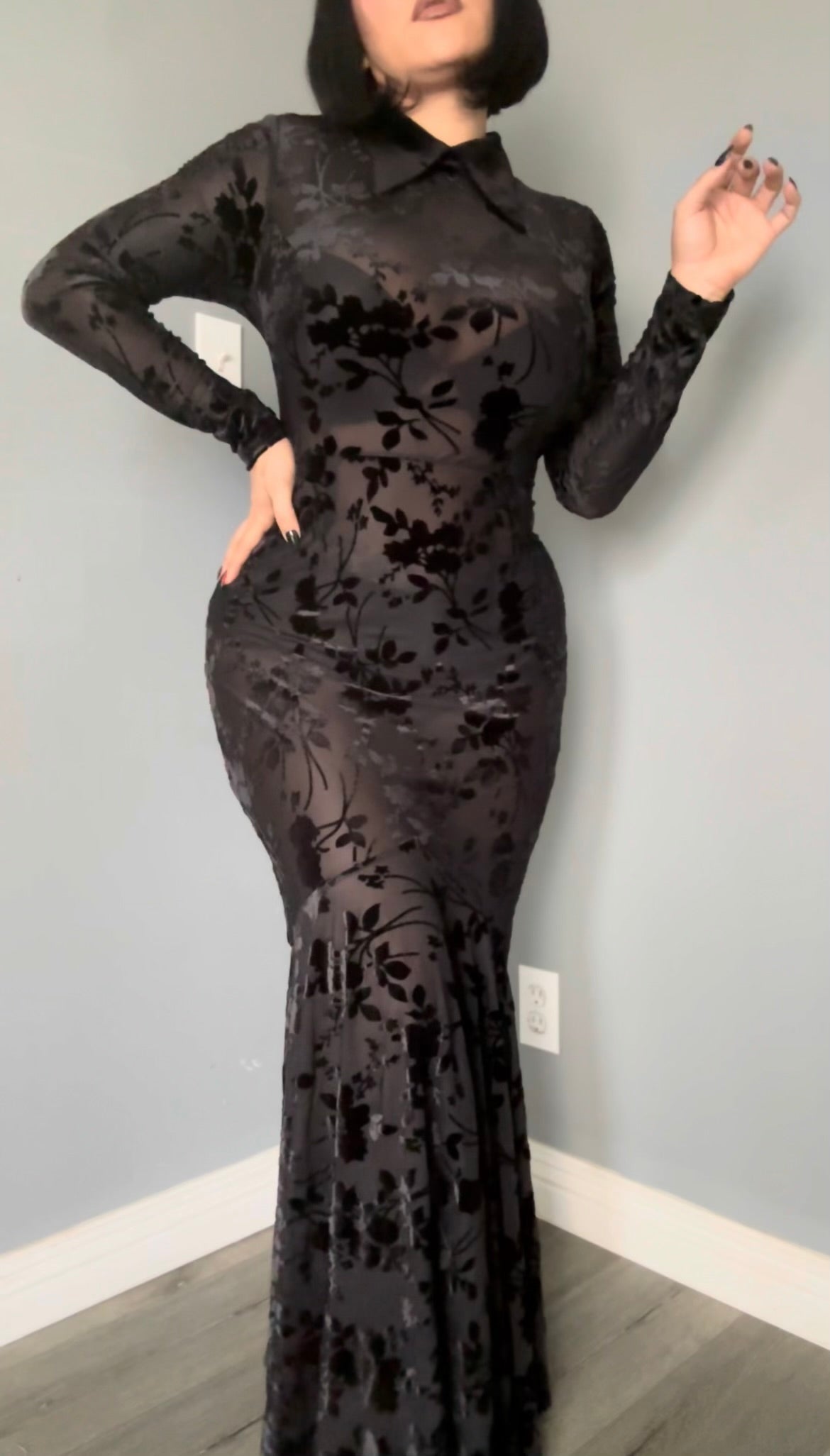 Ophelia - Velvet Flocked Lace Up Maxi Mermaid Dress