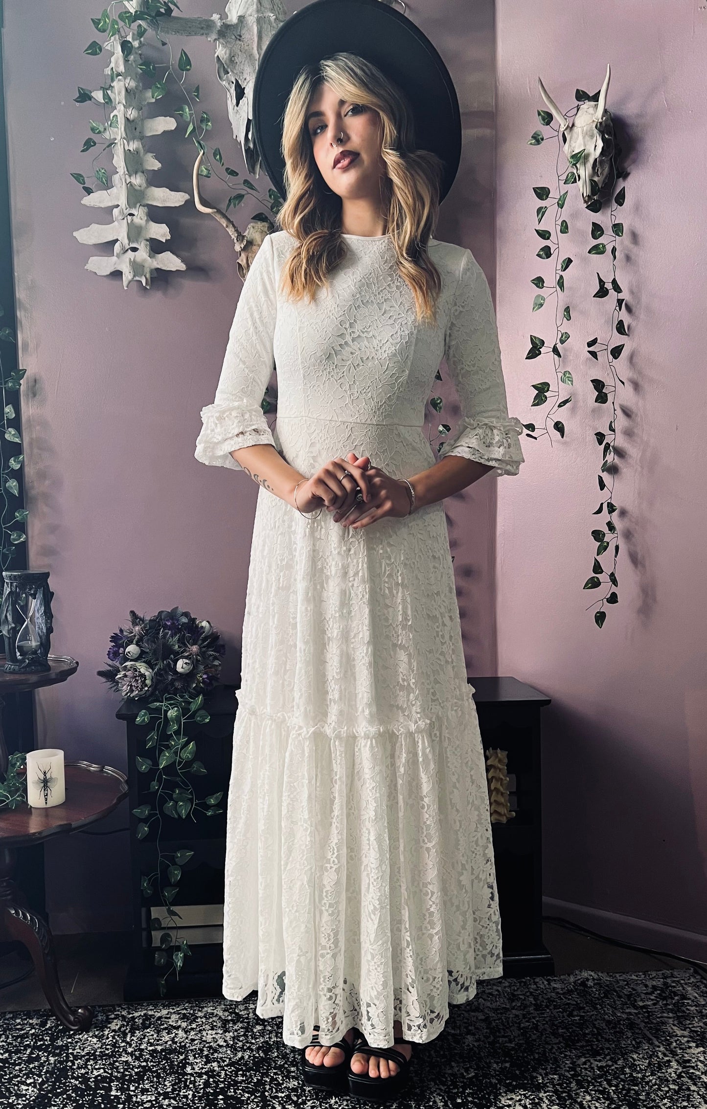 Mina - Ivory Floral Lace Bride of the Vampire Maxi Dress - READY TO SHIP