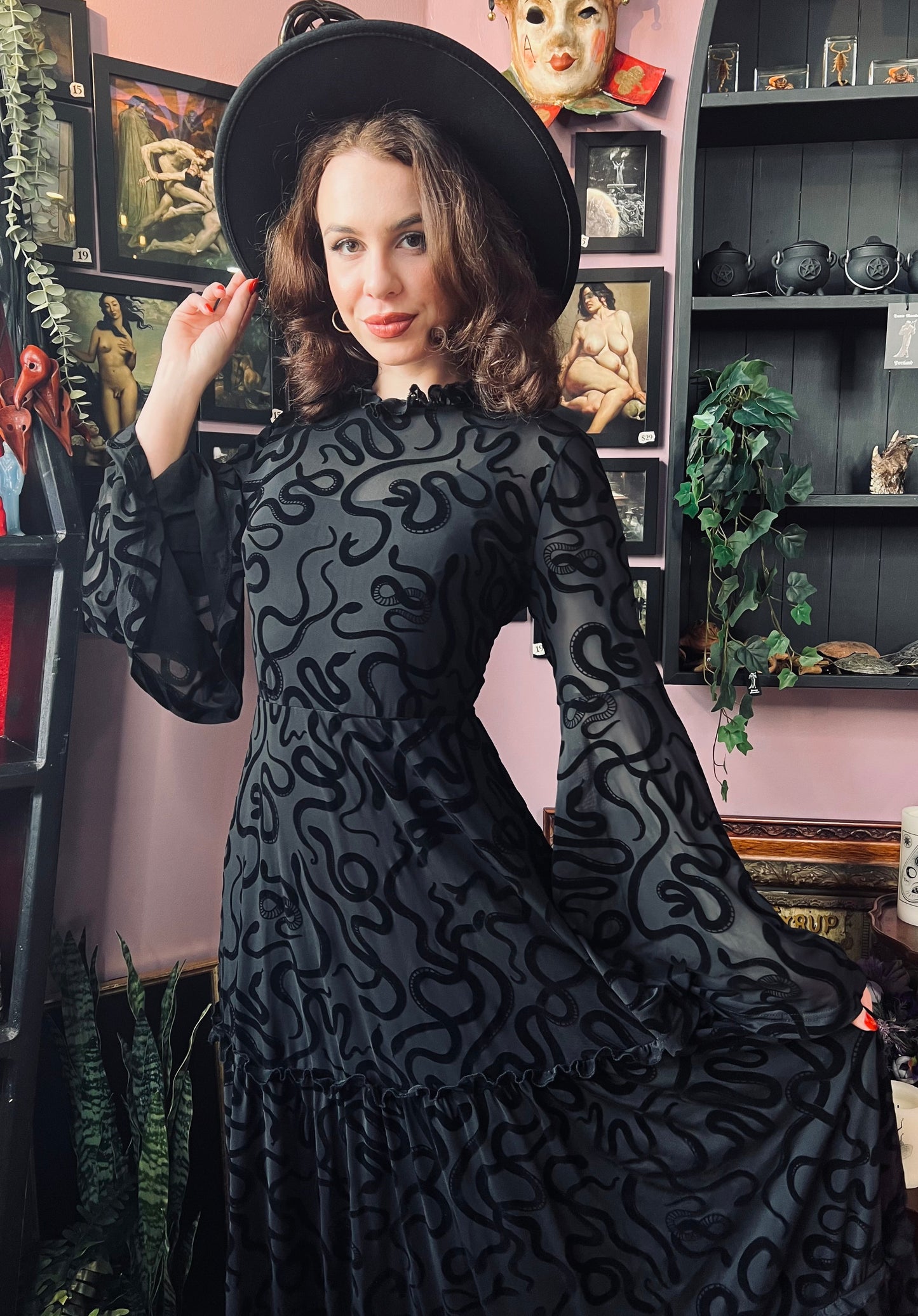 Sloane - Velvet Flocked Snake Maxi Dress with Bell Sleeves - READY-to-SHIP