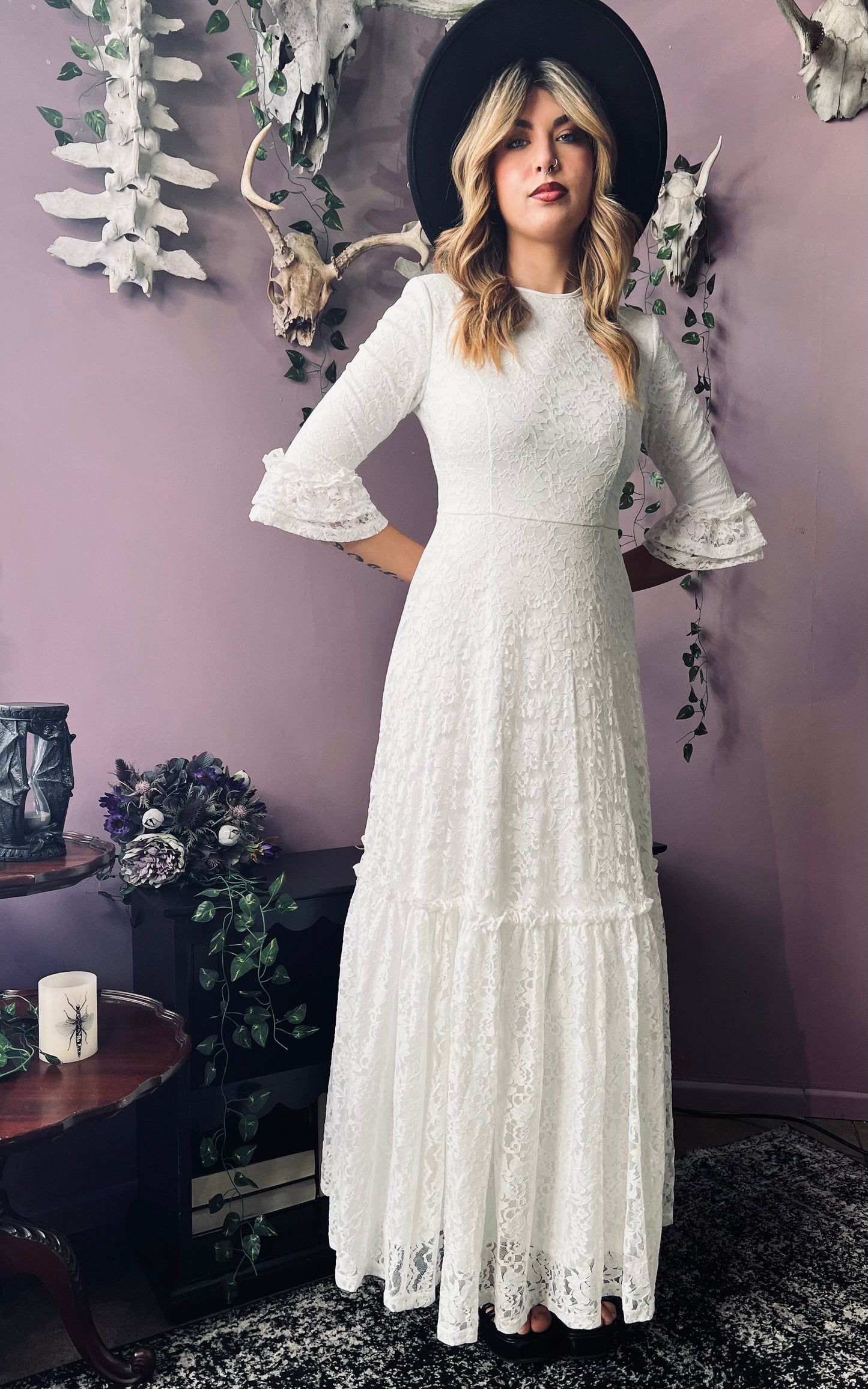 Mina - Ivory Floral Lace Bride of the Vampire Maxi Dress - READY TO SHIP