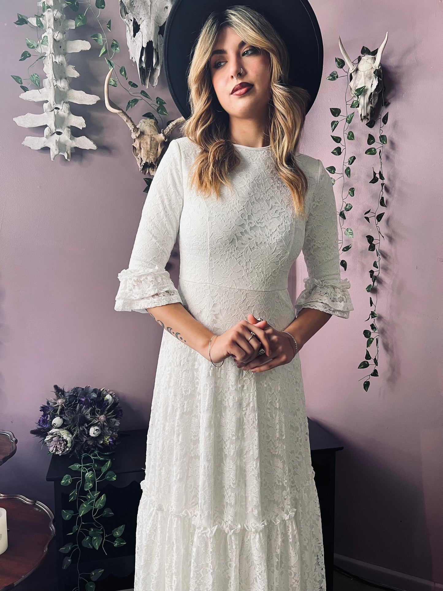 Mina - Ivory Floral Lace Bride of the Vampire Maxi Dress - READY TO SHIP