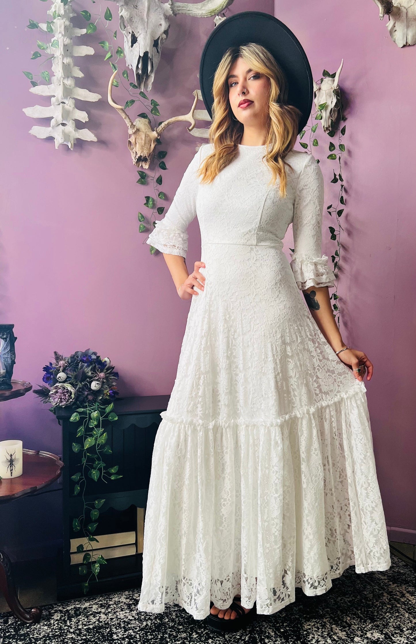 Mina - Ivory Floral Lace Bride of the Vampire Maxi Dress - READY TO SHIP