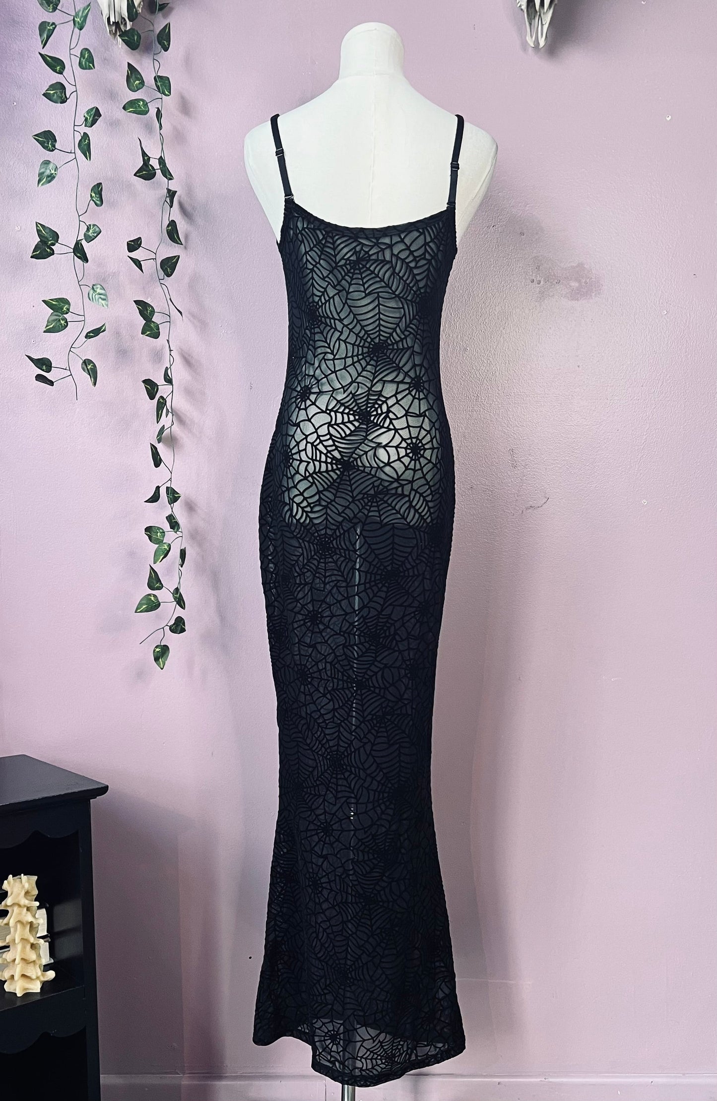 Sheer Hourglass Maxi Dress - Velvet Flocked Spider Webs - READY TO SHIP!