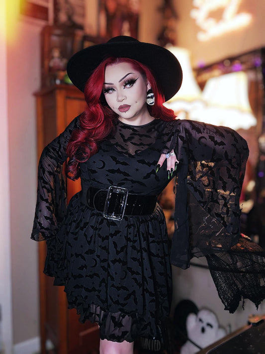 Dracuella - Velvet BATS Flocked Mini Dress with Witchy Bell Sleeves - READY TO SHIP