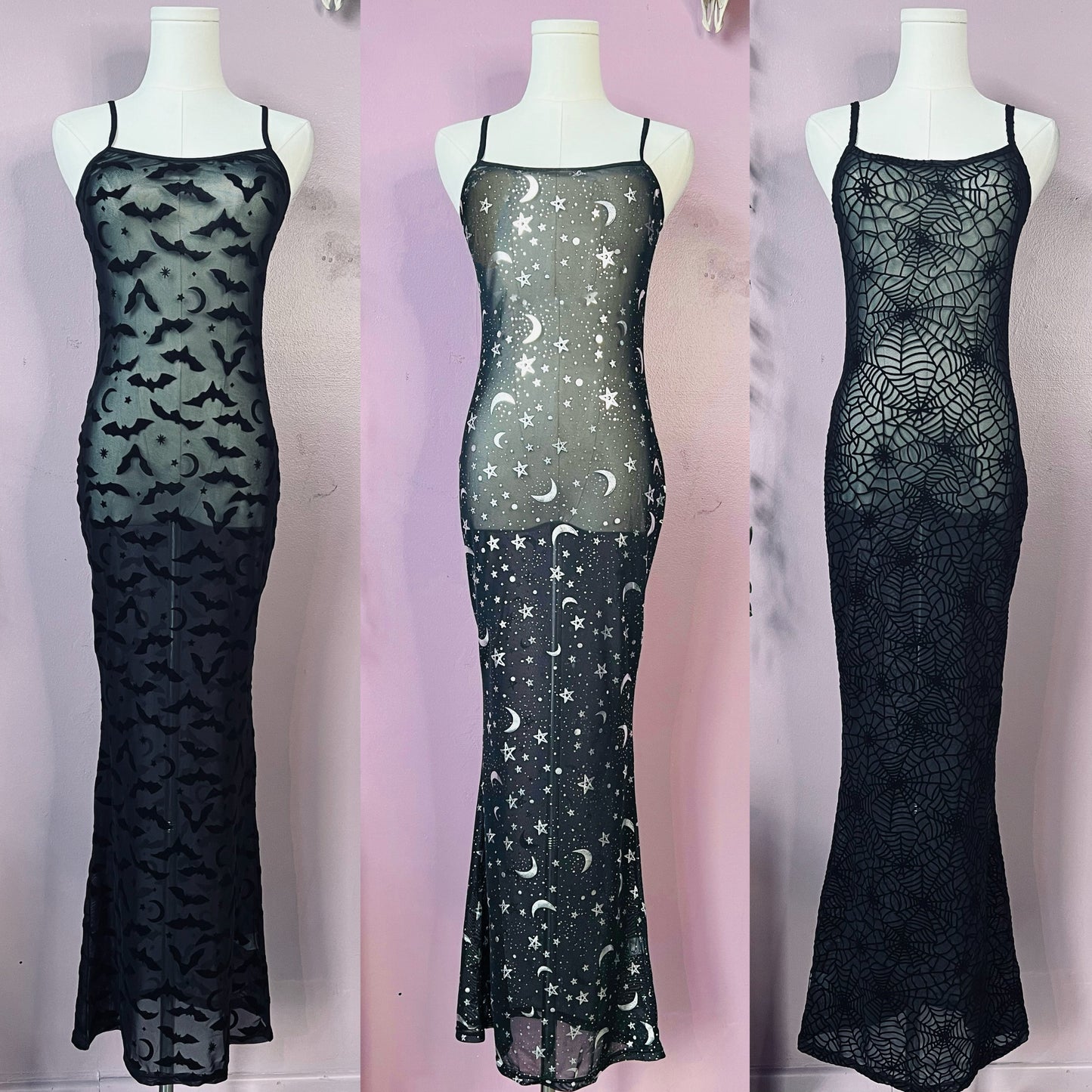 Sheer Hourglass Maxi Dress - Velvet Flocked Bats - READY TO SHIP!