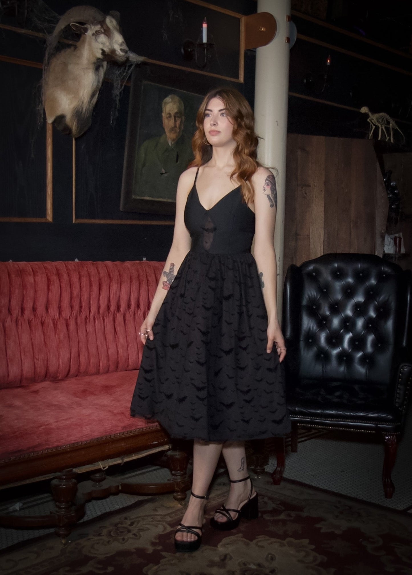 Bram - Velvet Flocked Bat Bandage Fit and Flare Dress