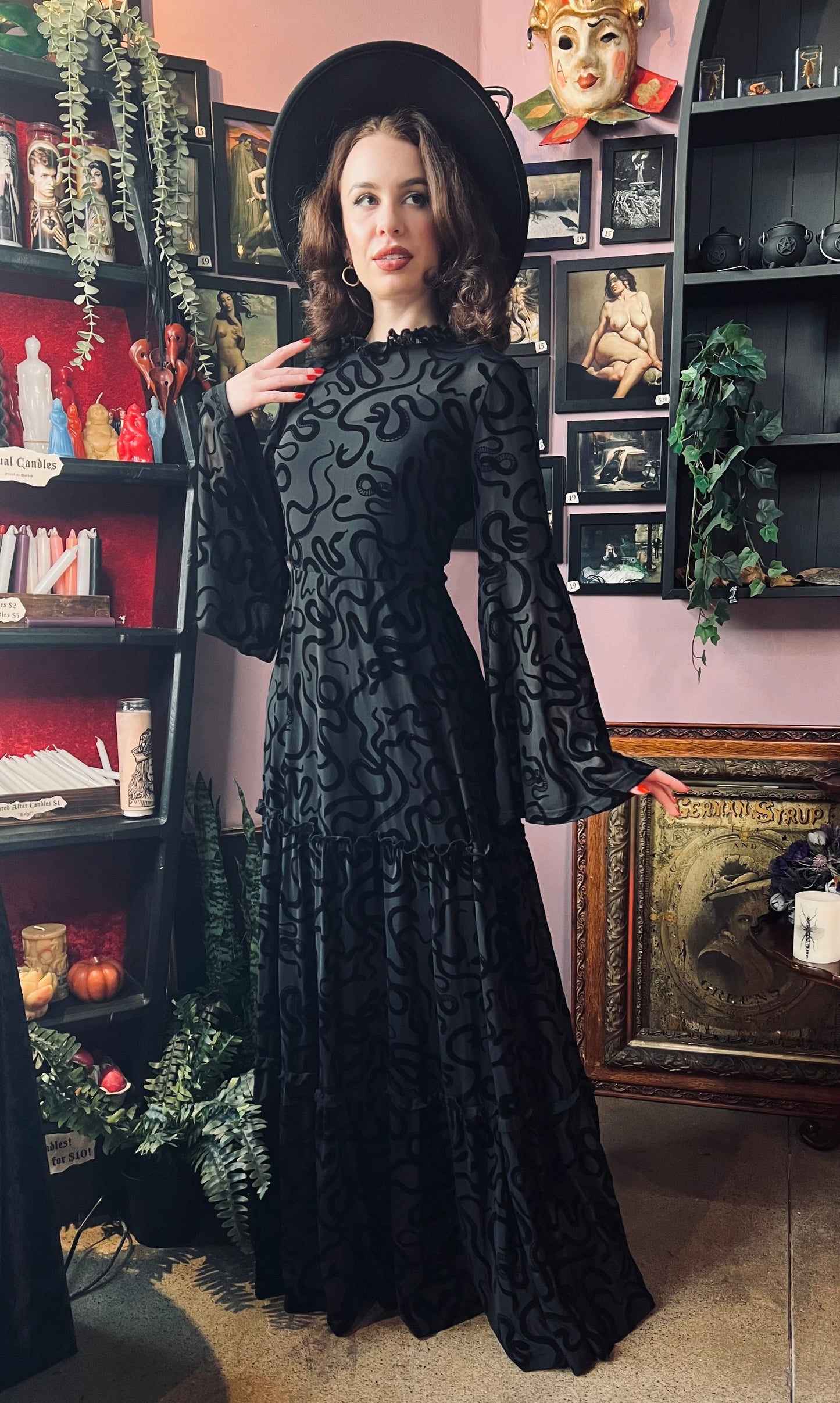 Sloane - Velvet Flocked Snake Maxi Dress with Bell Sleeves - READY-to-SHIP