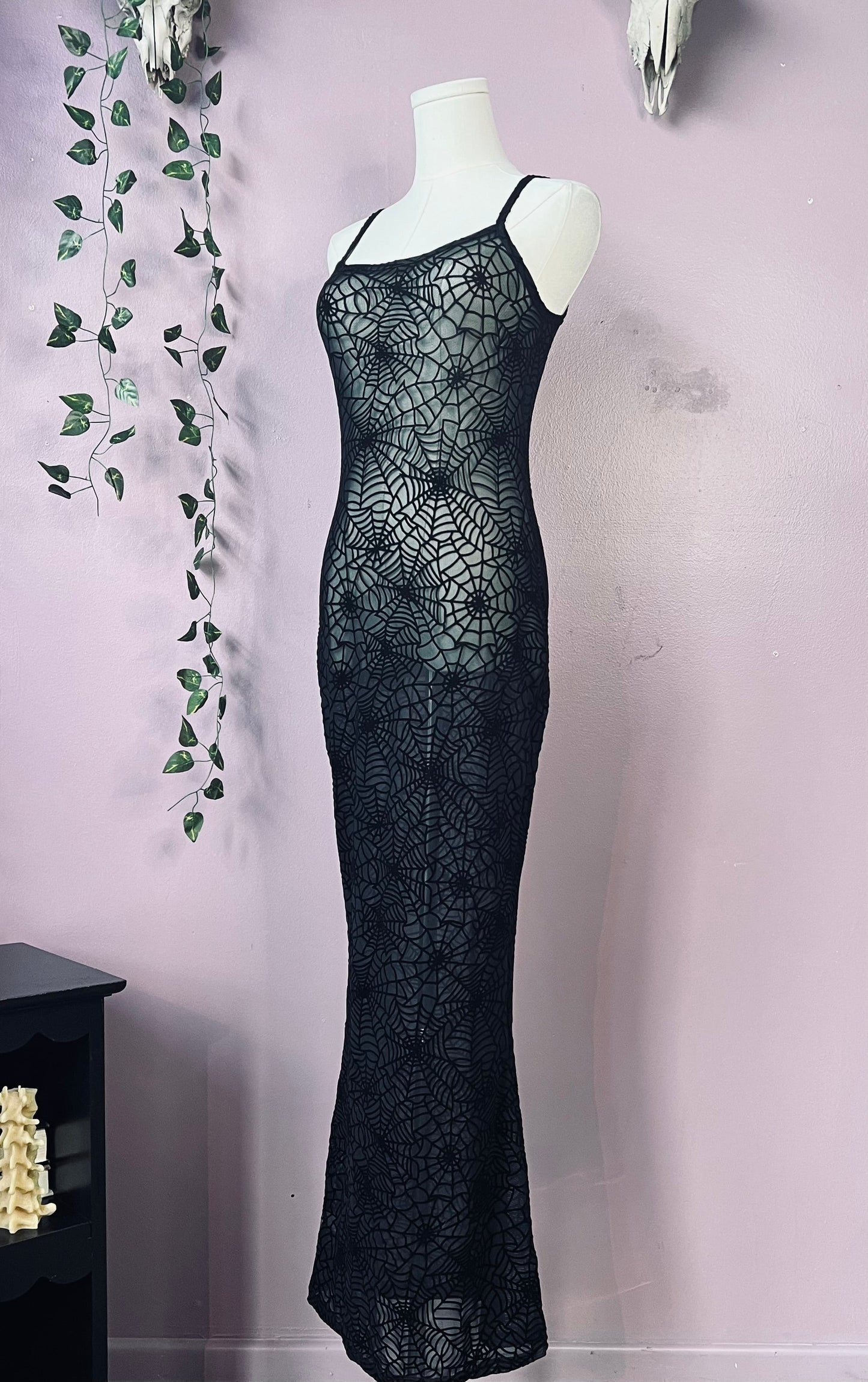 Sheer Hourglass Maxi Dress - Velvet Flocked Spider Webs - READY TO SHIP!