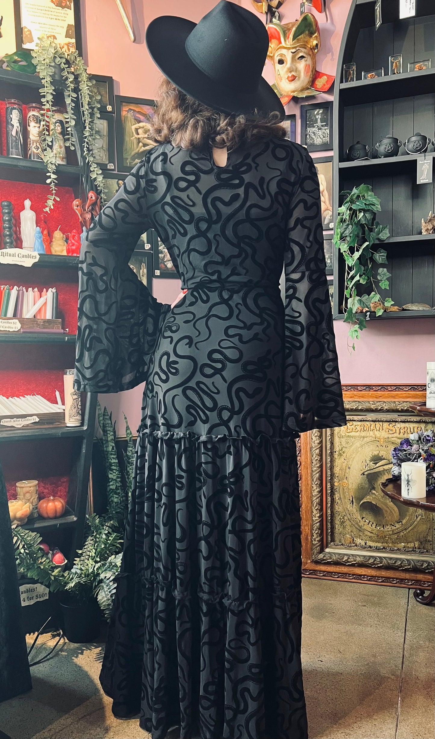 Sloane - Velvet Flocked Snake Maxi Dress with Bell Sleeves - READY-to-SHIP