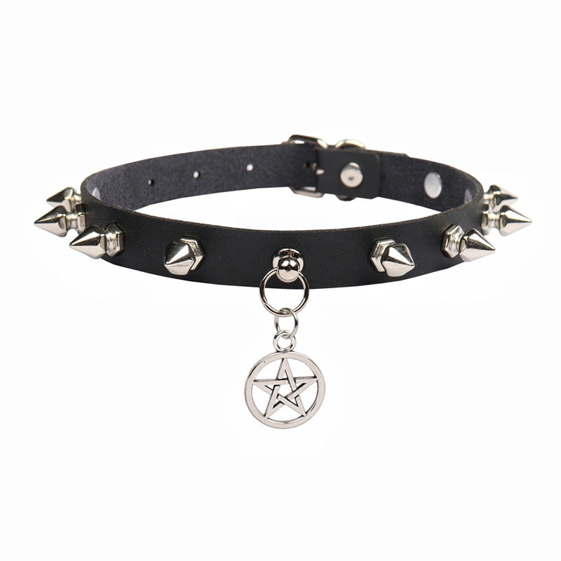 Spiked Gothic Pentagram Leather Collar Choker