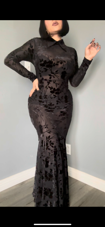 Ophelia - Velvet Flocked Lace Up Maxi Mermaid Dress