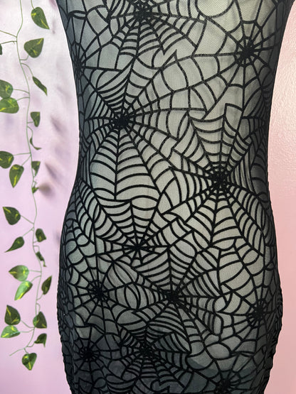 Sheer Hourglass Maxi Dress - Velvet Flocked Spider Webs - READY TO SHIP!