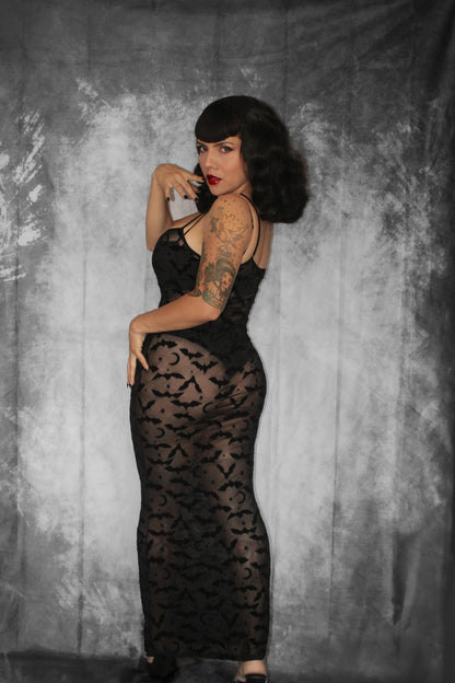 Sheer Hourglass Maxi Dress - Velvet Flocked Bats - READY TO SHIP!