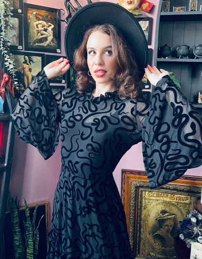 Sloane - Velvet Flocked Snake Maxi Dress with Bell Sleeves - READY-to-SHIP
