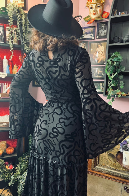 Sloane - Velvet Flocked Snake Maxi Dress with Bell Sleeves - READY-to-SHIP