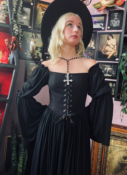 Lilith - Dark Cottage Goth Lace Up Jersey Dress - READY to SHIP