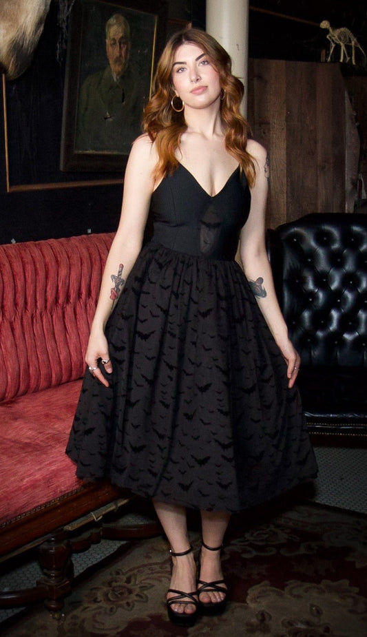 Bram - Velvet Flocked Bat Bandage Fit and Flare Dress