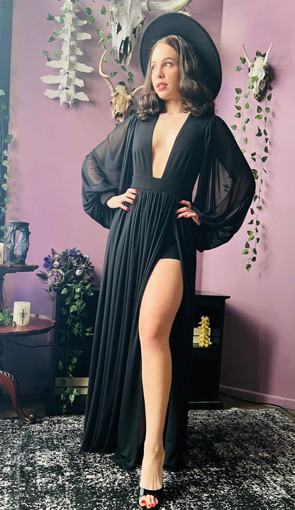 Minerva - Hauntingly Dramatic Mesh Maxi Dress with Built In Shorts  - READY TO SHIP