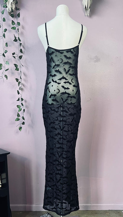 Sheer Hourglass Maxi Dress - Velvet Flocked Bats - READY TO SHIP!