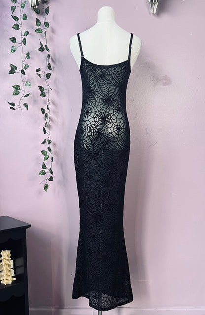 Sheer Hourglass Maxi Dress - Velvet Flocked Spider Webs - READY TO SHIP!