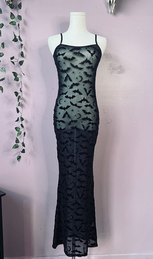 Sheer Hourglass Maxi Dress - Velvet Flocked Bats - READY TO SHIP!