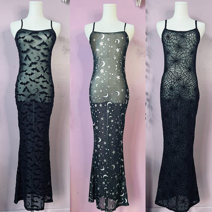 Sheer Hourglass Maxi Dress - Velvet Flocked Bats - READY TO SHIP!