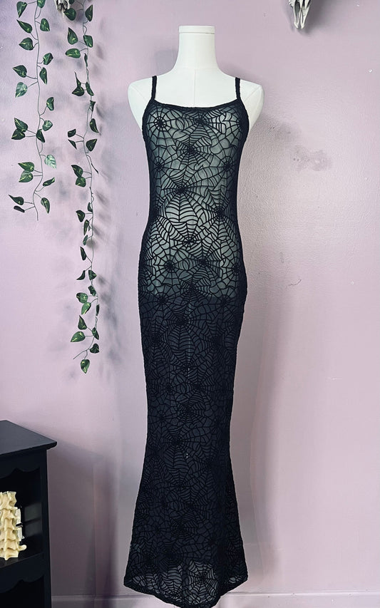 Sheer Hourglass Maxi Dress - Velvet Flocked Spider Webs - READY TO SHIP!