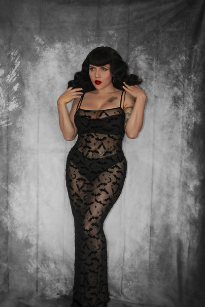 Sheer Hourglass Maxi Dress - Velvet Flocked Bats - READY TO SHIP!