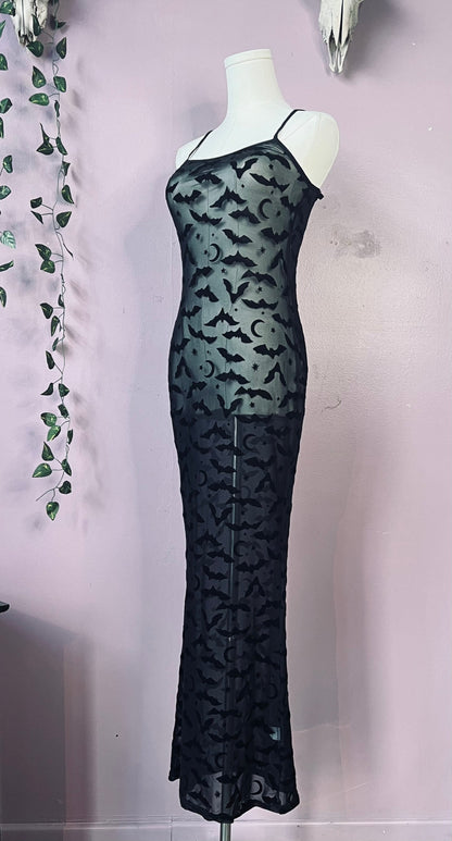 Sheer Hourglass Maxi Dress - Velvet Flocked Bats - READY TO SHIP!
