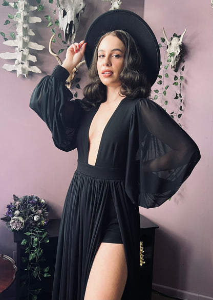 Minerva - Hauntingly Dramatic Mesh Maxi Dress with Built In Shorts  - READY TO SHIP
