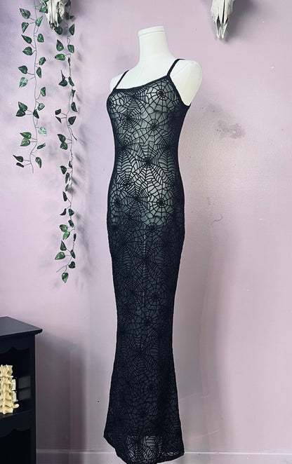 Sheer Hourglass Maxi Dress - Velvet Flocked Spider Webs - READY TO SHIP!