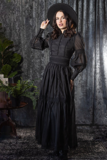 Morgana - Romantic Victorian Inspired MAXI  Dress - MAXI - BLACK - READY TO SHIP