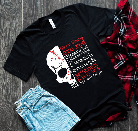 Blood stains are red, ultraviolet lights are blue, I watch enough murder shows, They'll Never Find You T-Shirt