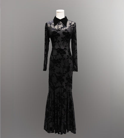 Ophelia - Velvet Flocked Lace Up Maxi Mermaid Dress