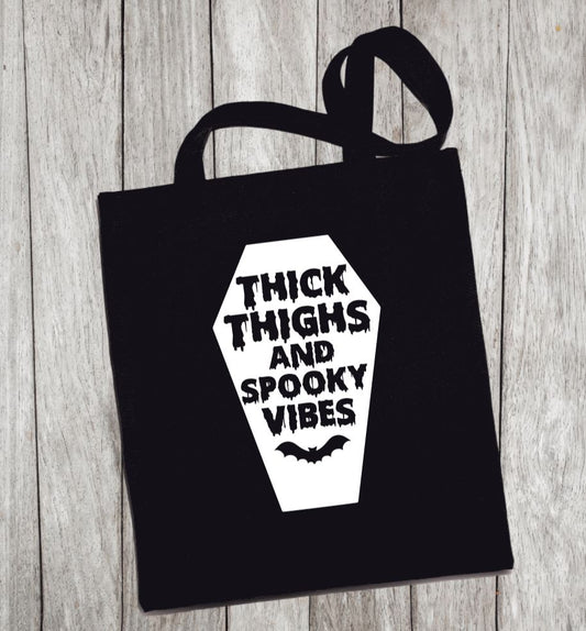 Reusable Grocery Bag/Tote Bag - "thick thighs and spooky vibes"