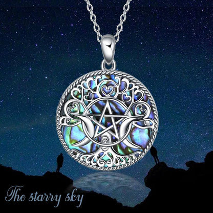 Triple Moon Goddess Sterling Silver and Abalone Shell Pentagram Pendant