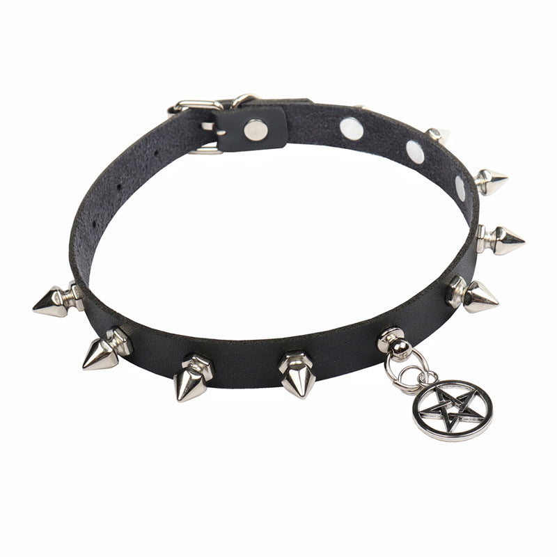 Spiked Gothic Pentagram Leather Collar Choker