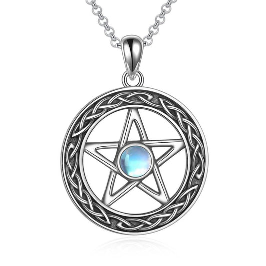 Pentagram Sterling Silver Celtic Moonstone Necklace