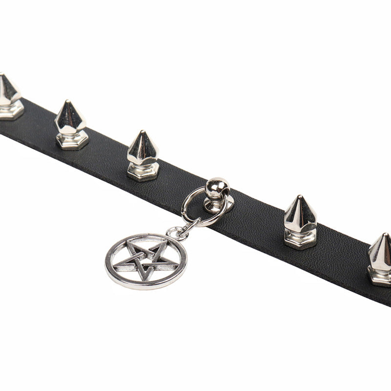 Spiked Gothic Pentagram Leather Collar Choker