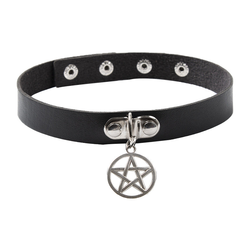 Gothic Pentagram Leather Collar Choker