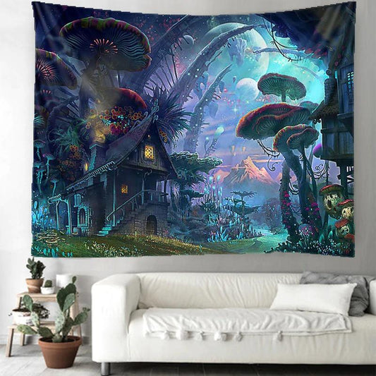 Mushroom House Tapestry Wall Hanging