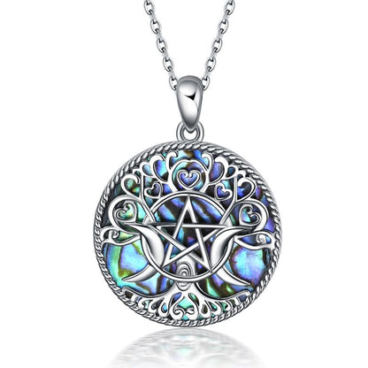 Triple Moon Goddess Sterling Silver and Abalone Shell Pentagram Pendant