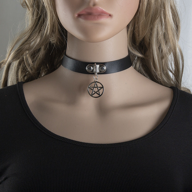 Gothic Pentagram Leather Collar Choker