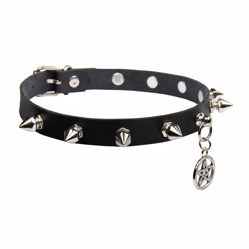 Spiked Gothic Pentagram Leather Collar Choker