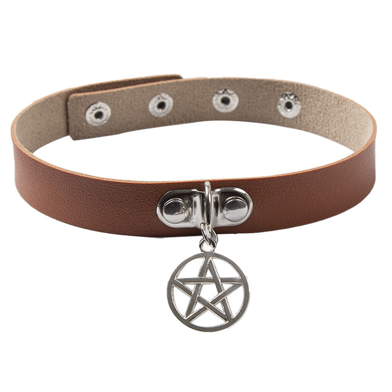 Gothic Pentagram Leather Collar Choker