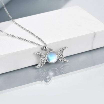 Triple Moon Goddess Sterling Silver Moonstone Pendant