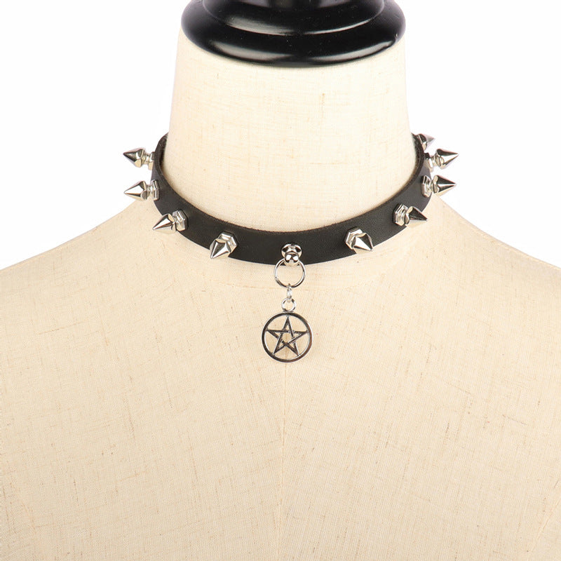 Spiked Gothic Pentagram Leather Collar Choker